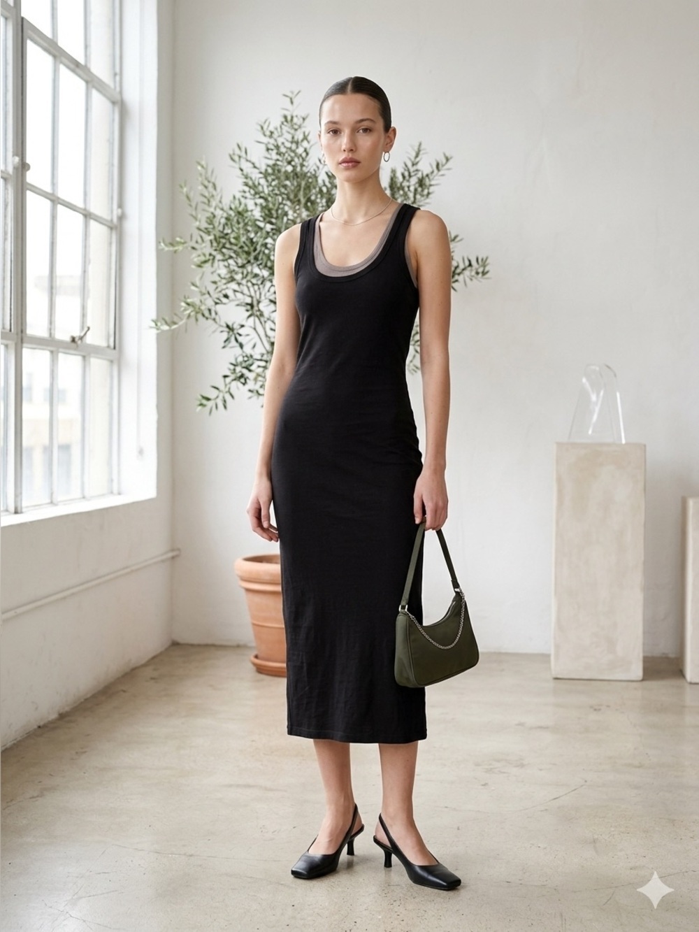Enza Costa black & tan double layer soft cotton jersey tank midi dress - Medium